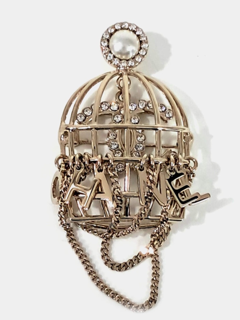 ❌SOLD❌CHANEL  Champagne Gold-Tone Cage Brooch with Pearl and Crystal Accents
